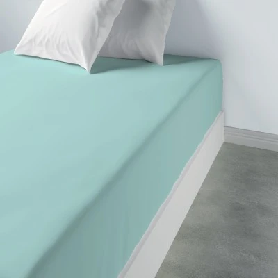 Drap housse uni Coton bonnet 35 cm Aqua 90 x 190 x 35