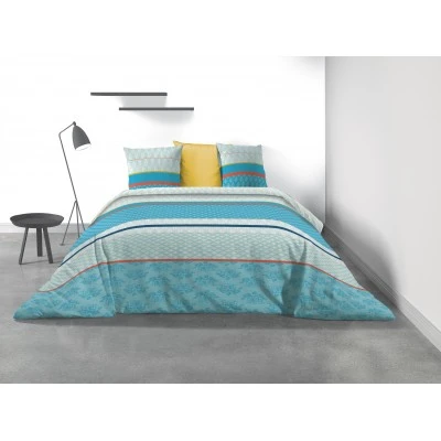 Parure de lit 2 personnes Eva Blue avec housse de couette et taies d'oreiller Imprimé 240 x 220