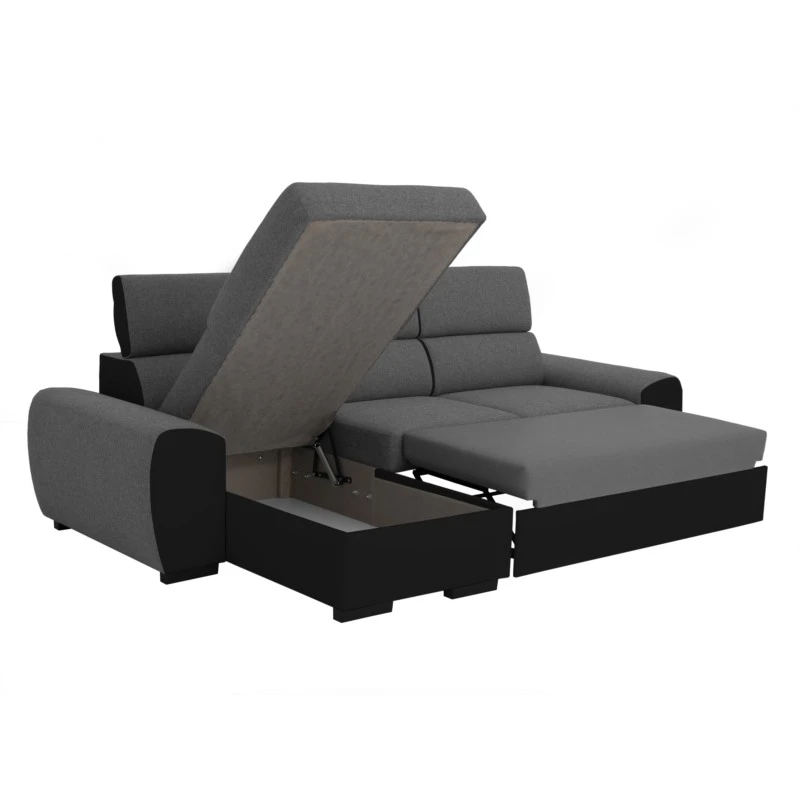 ALI - Canapé d'angle réversible convertible avec têtières et coffre en simili et tissu /noir