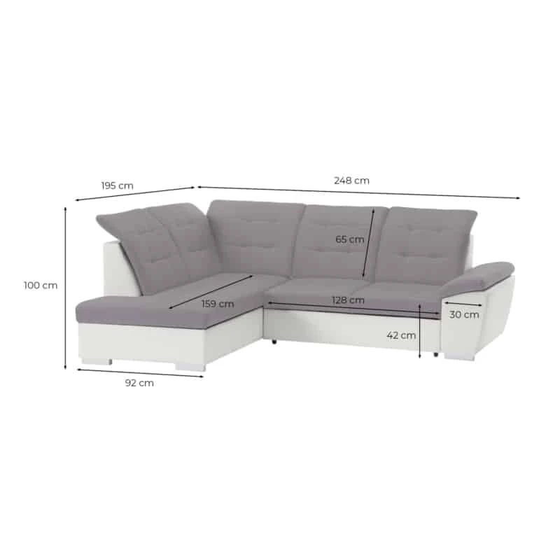 LIDIA - Canapé d'angle convertible avec coffre et tetières en simili et tissu /blanc