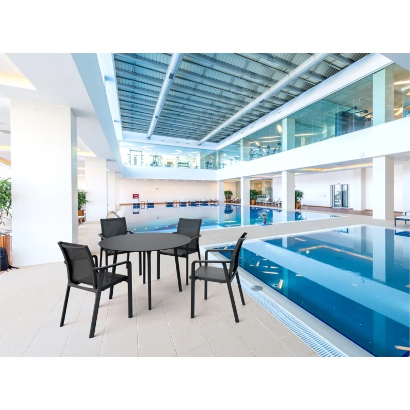 MAYLI - Table ronde 120 cm plateau stratifié HPL pour l'intérieur et l'extérieur