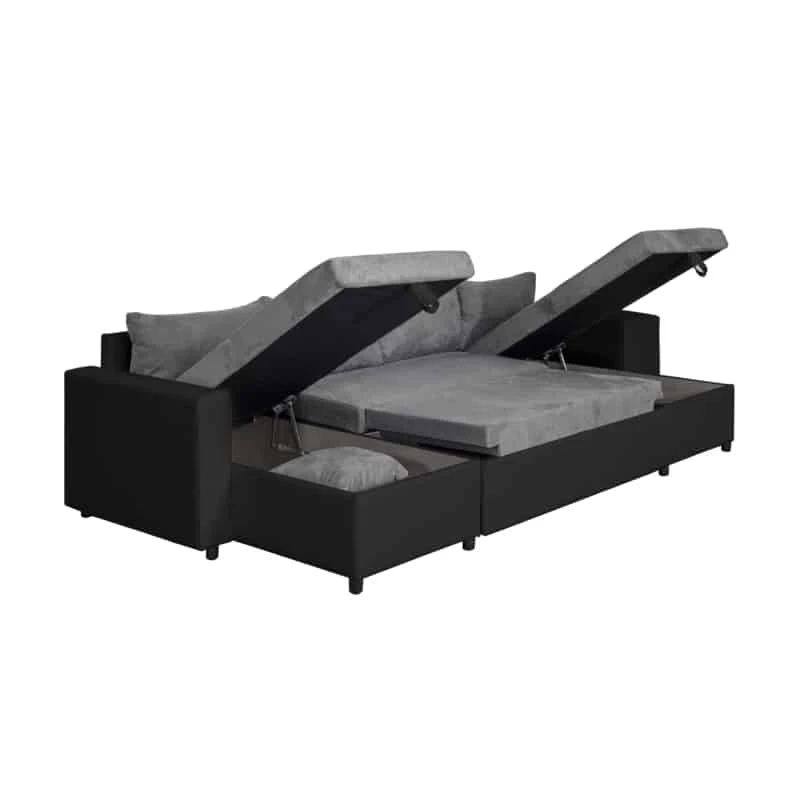 L200U PLUS - Canapé panoramique convertible avec 2 coffres et 2 poufs en simili et microfibre /noir