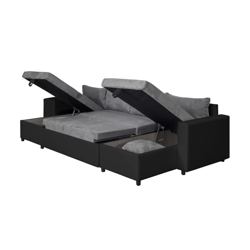 L200U PLUS - Canapé panoramique convertible avec 2 coffres et 2 poufs en simili et microfibre /noir